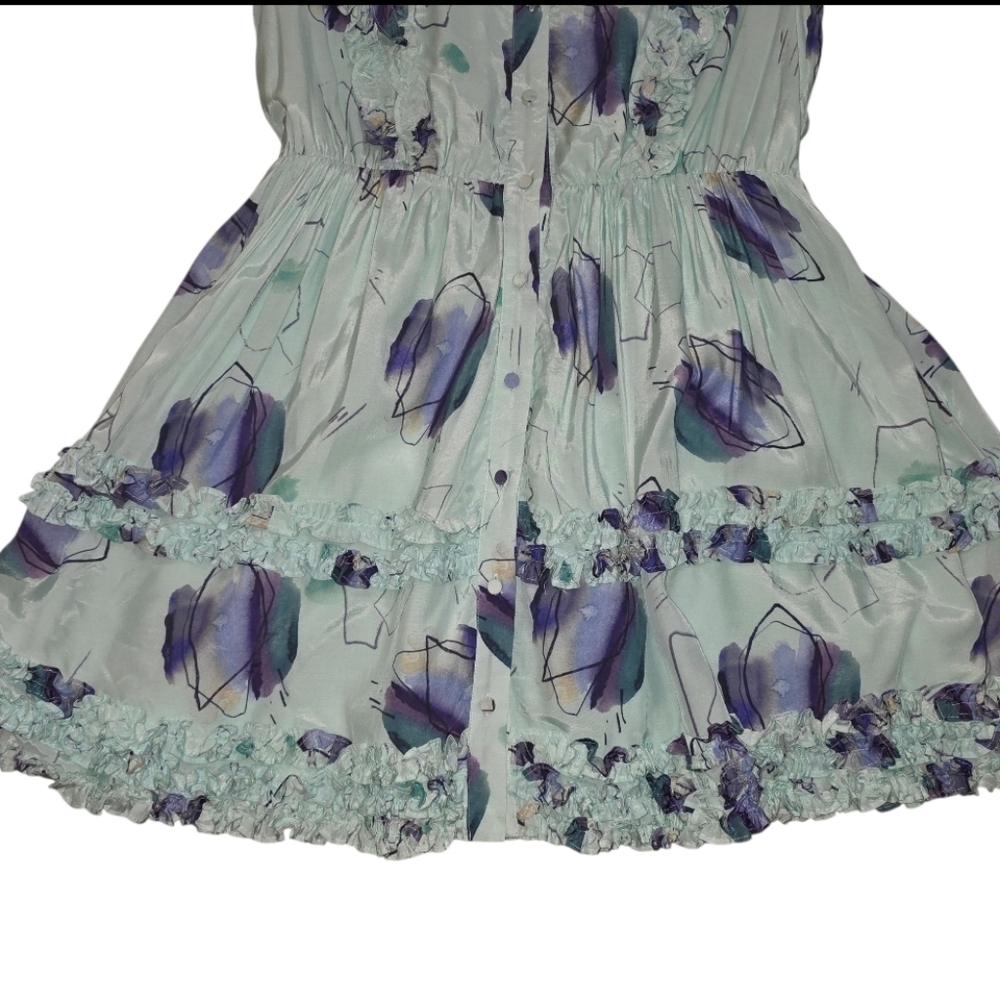 Elliatt "FOND" Ruffle Tiered Mini Dress Mint Watercolor Print Long Sleeve Size L - Picture 6 of 12